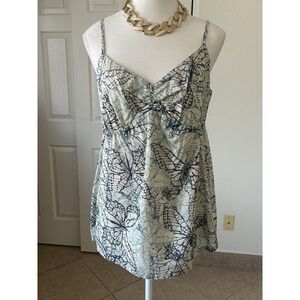 Lauren Conrad Womens Size Large  Spaghetti Strap Top Blue Butterflies Beige Blue